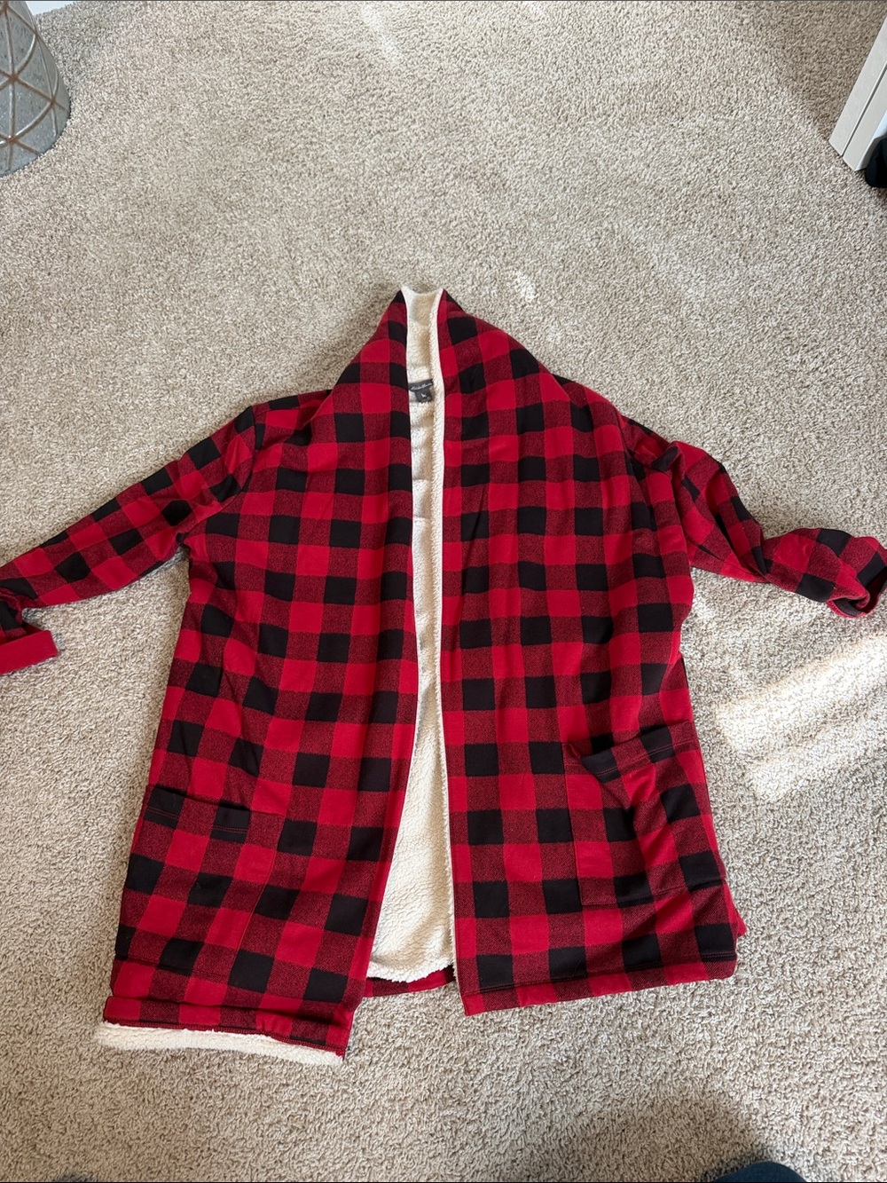 Eddie Bauer Red and Black Buffalo Plaid Sherpa Cardigan